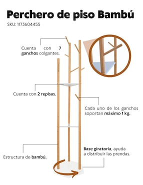 Perchero de piso Haus de bambú 7 ganchos