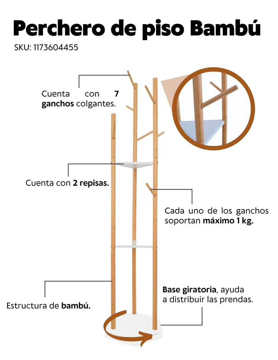 Perchero de piso de bambú 7 ganchos 5